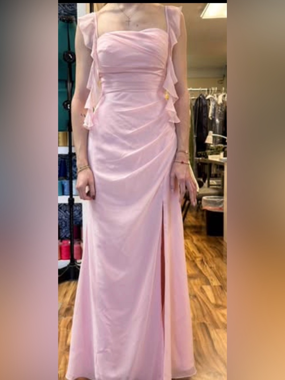 Stacees Sheath Pink Ruffle Strap Bridesmaid/Formal Dress